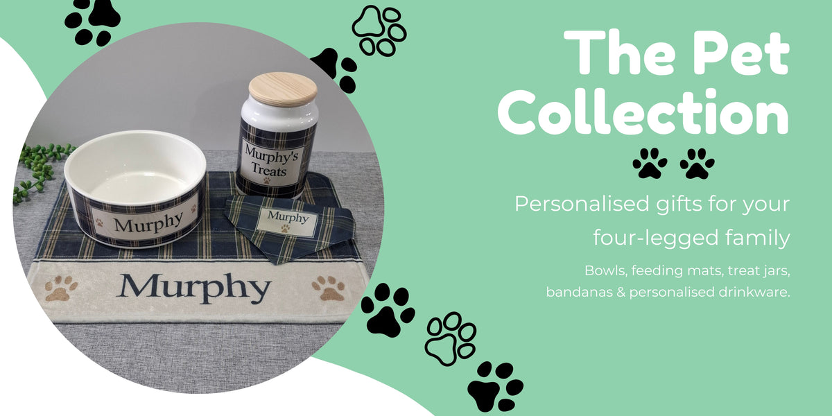 Personalised pet gifts, dog bowls, treat jars, feeding mats, personalised drinkware and bandanas.