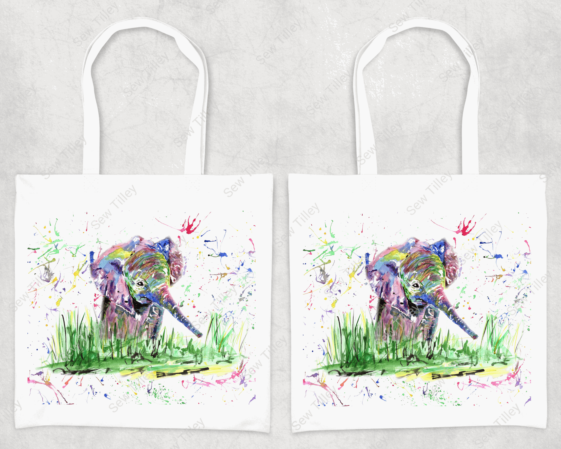 Watercolour elephant splashes tote bag - Sew Tilley