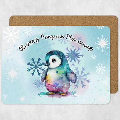 Colorful penguin placemat with snowflakes on a light blue background