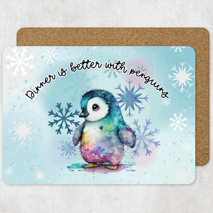Colorful penguin card with snowflakes and text on a light blue background