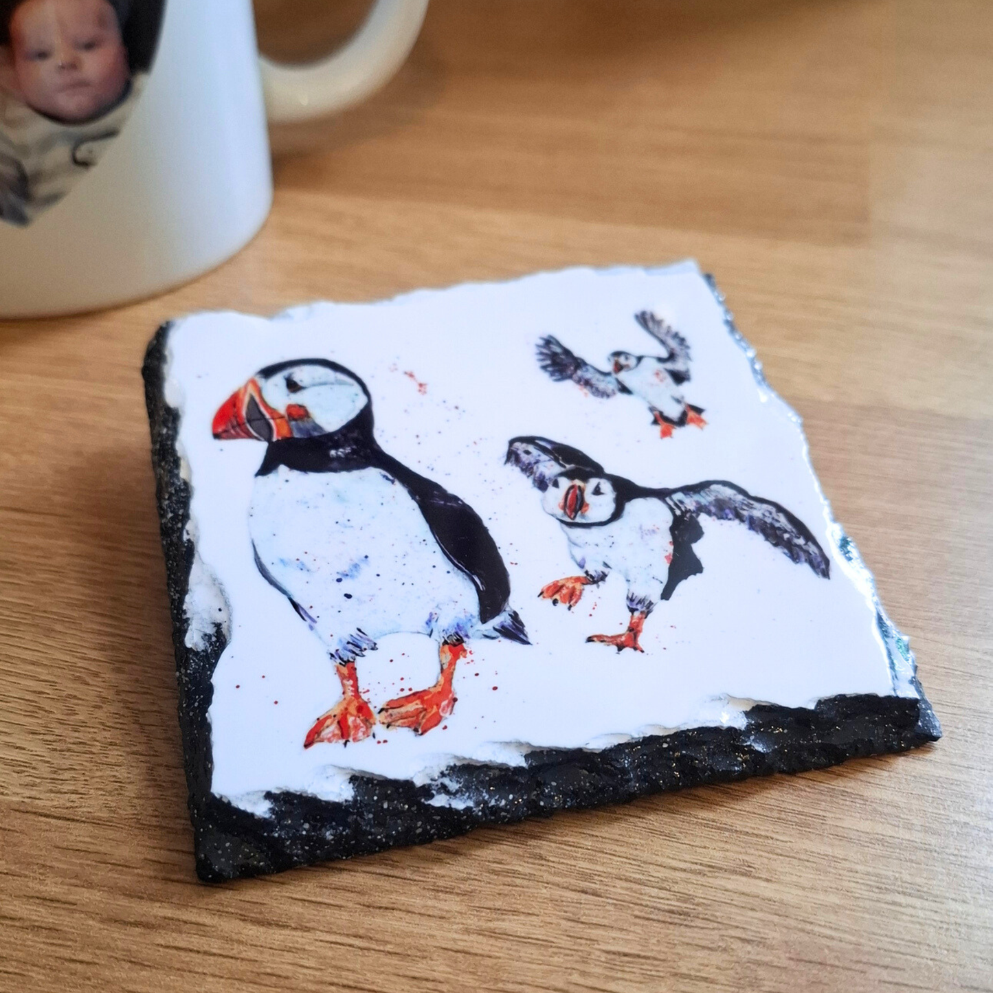 Flying puffin slate coaster