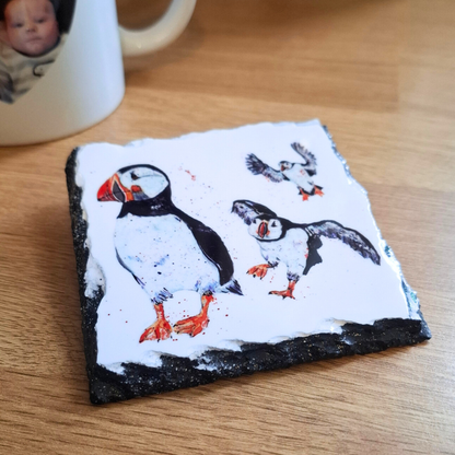Flying puffin slate coaster
