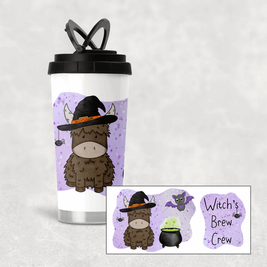Travel mug with highland cow halloween theme drawn by moose and goose gifts