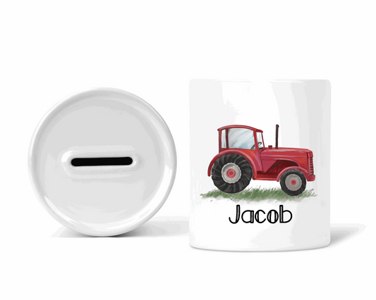 Red tractor personalised money box - Sew Tilley
