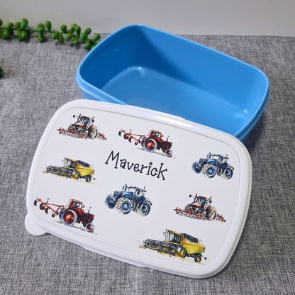 Open personalised tractor snack tub with blue food-safe container and printed lid