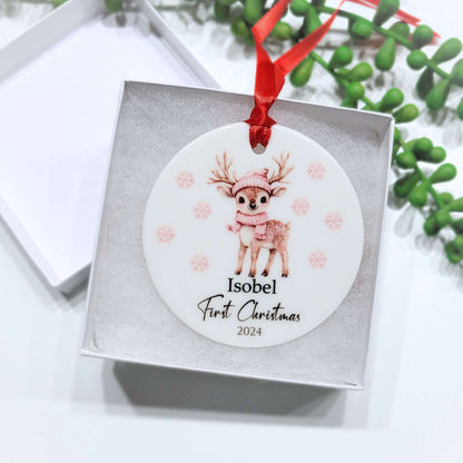 Personalised Ceramic First Christmas Decoration – Girls