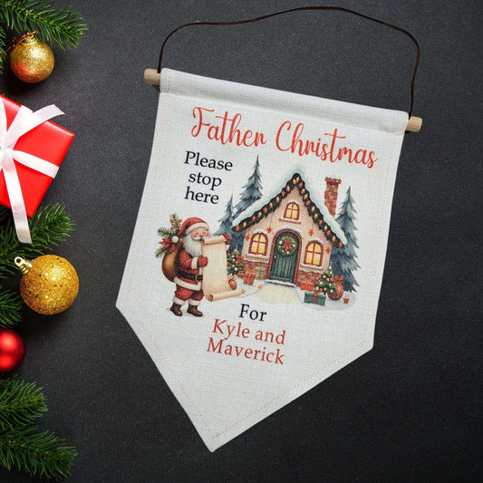 Personalised Linen Christmas Banner – Father Christmas/Santa Design
