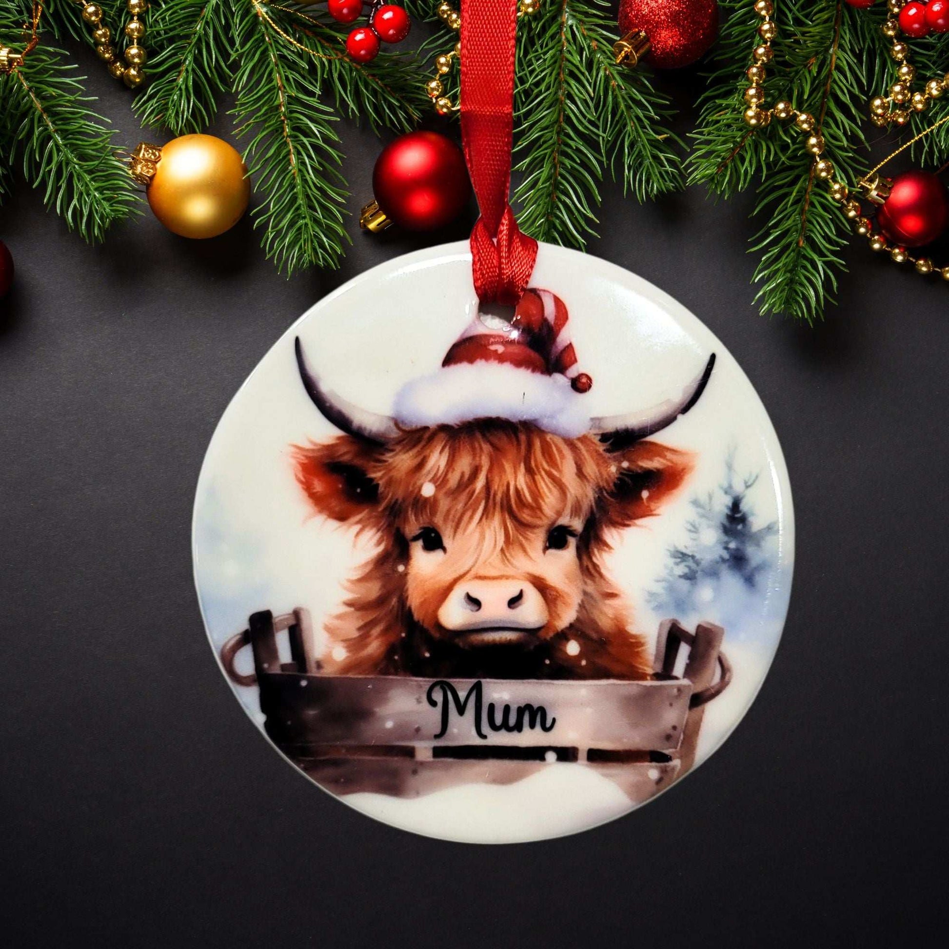 Personalised Ceramic Highland Cow Christmas Decoration with Gift Box