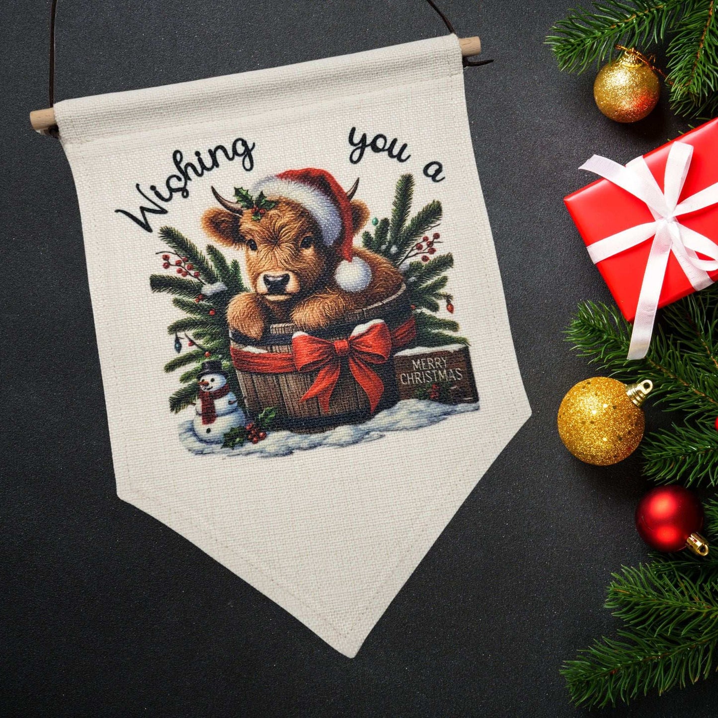 Linen Highland Cow Christmas Banner.