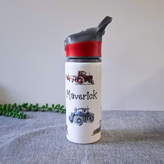 Personalised tractor water bottle for kids with the name Maverick and wraparound farm design