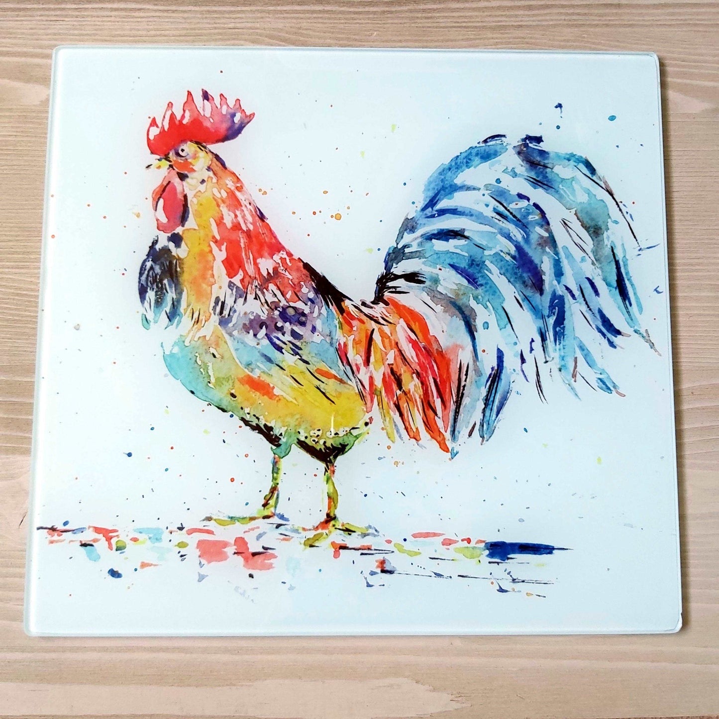 Watercolour cockerel glass cutting board - Sew Tilley