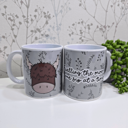 Fuelling the Moo-d Mug – Personalised Highland Cow Mug – Hand-Drawn 11oz Ceramic
