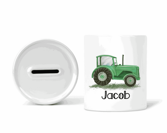 Green tractor personalised money box - Sew Tilley
