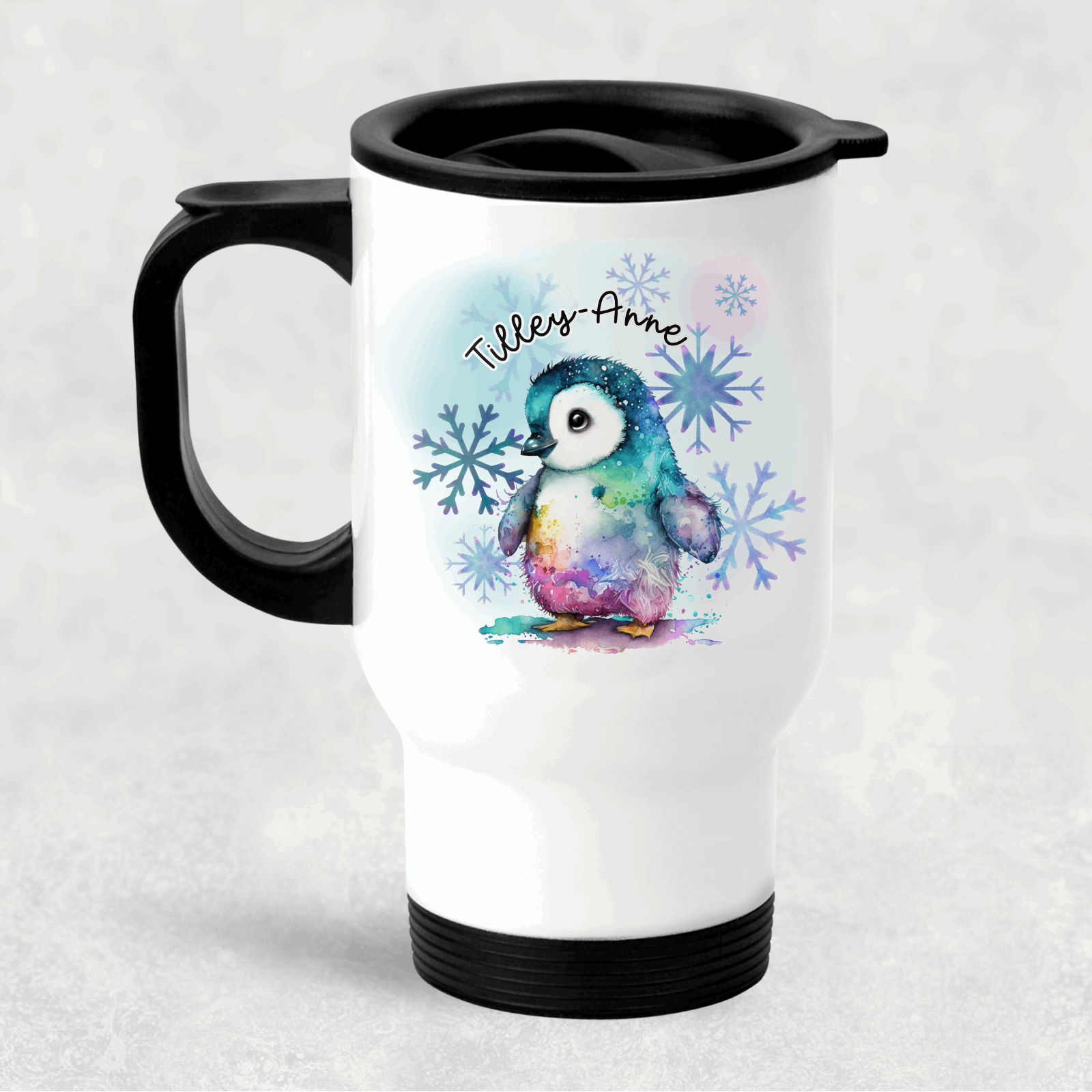 Travel mug with a colourful penguin design and personalised text on a white background