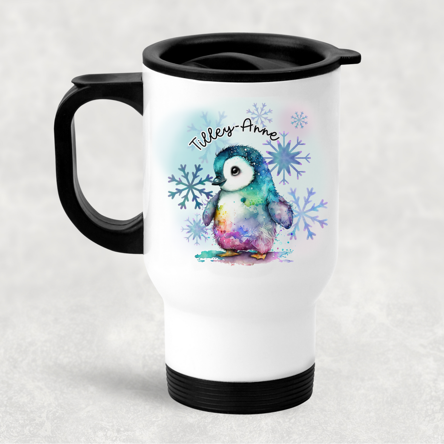 Travel mug with a colourful penguin design and personalised text on a white background