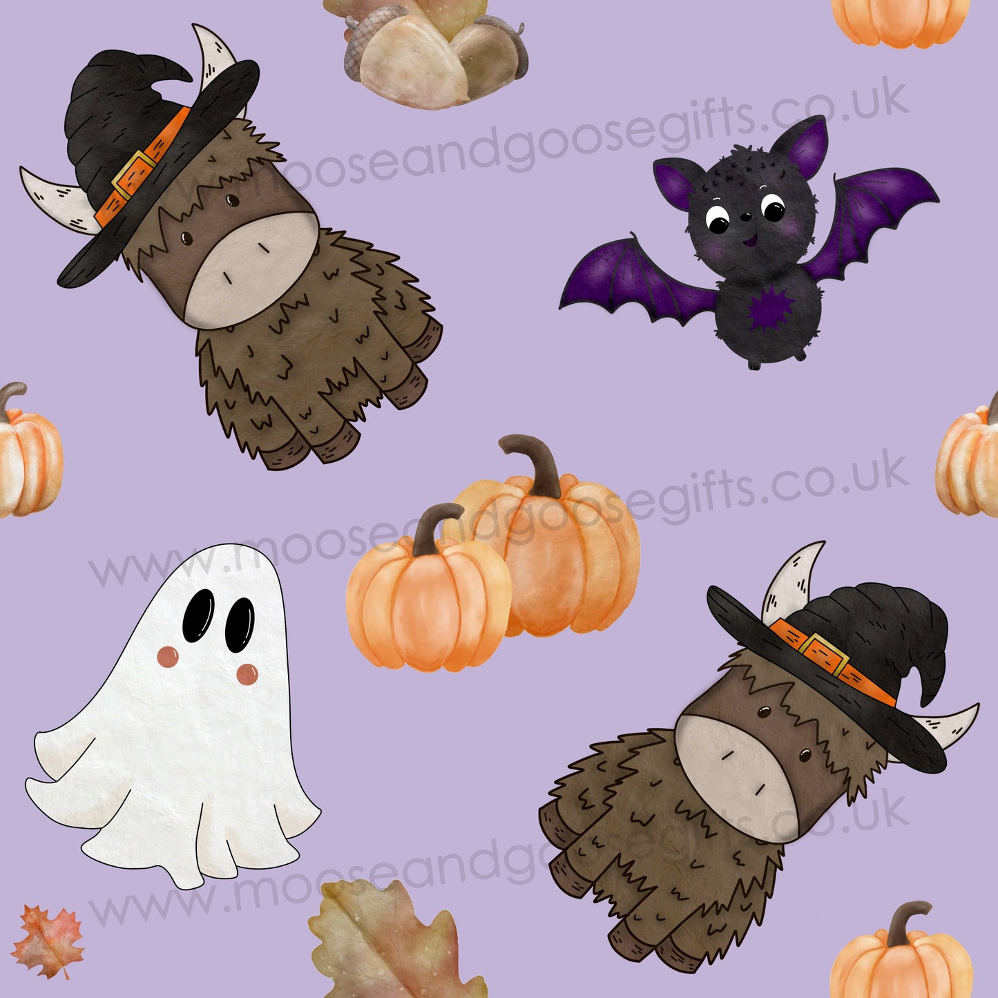 Spooky Halloween highland cow seamless pattern