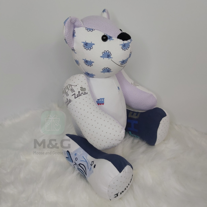 Memory keepsake bear made from baby clothing and weighted to the birth weight