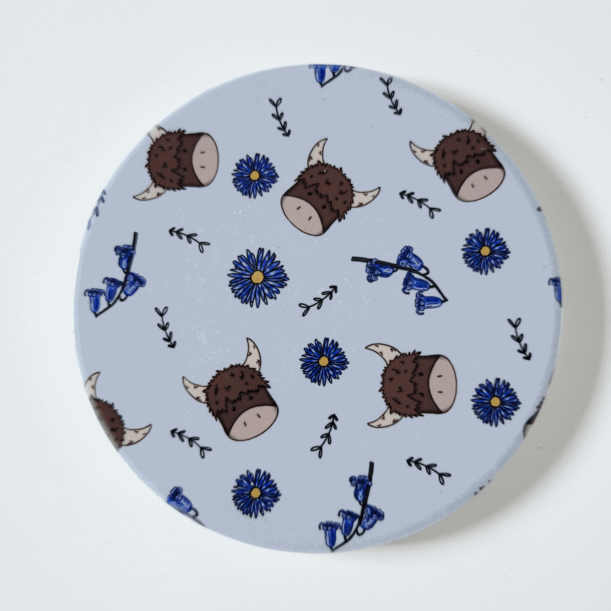 Mini Highland Cow Coaster – Cornflowers & flowers – Round Ceramic with Cork Backing