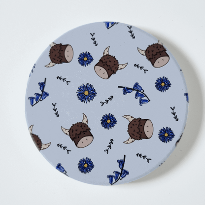 Mini Highland Cow Coaster – Cornflowers & flowers – Round Ceramic with Cork Backing
