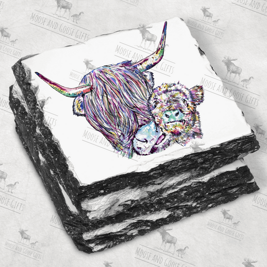 Highland cow mum and baby slate coaster - Moose and Goose Gifts