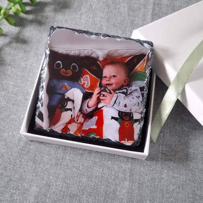 Slate photo coaster with white gift box