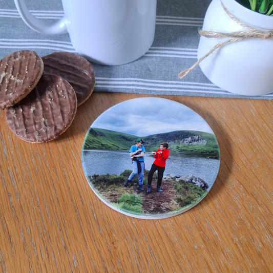 Round ceramic coaster personalised with a photo