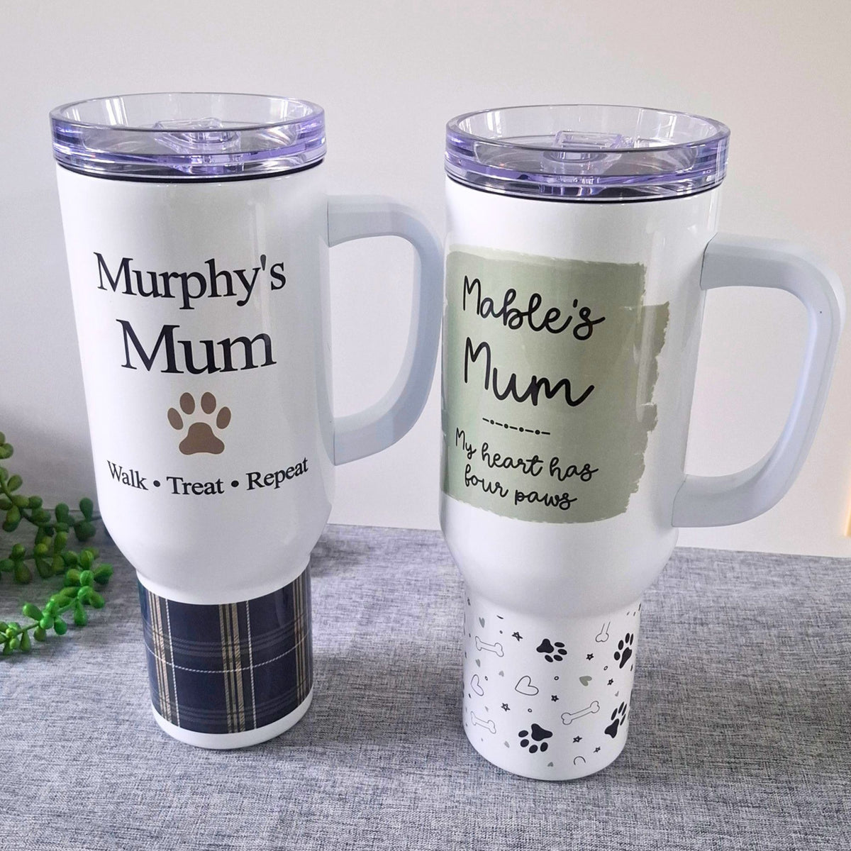 Personalised 40oz tumblers in heritage check and doodle paws designs