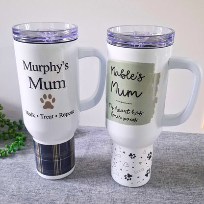 Personalised 40oz tumblers in heritage check and doodle paws designs