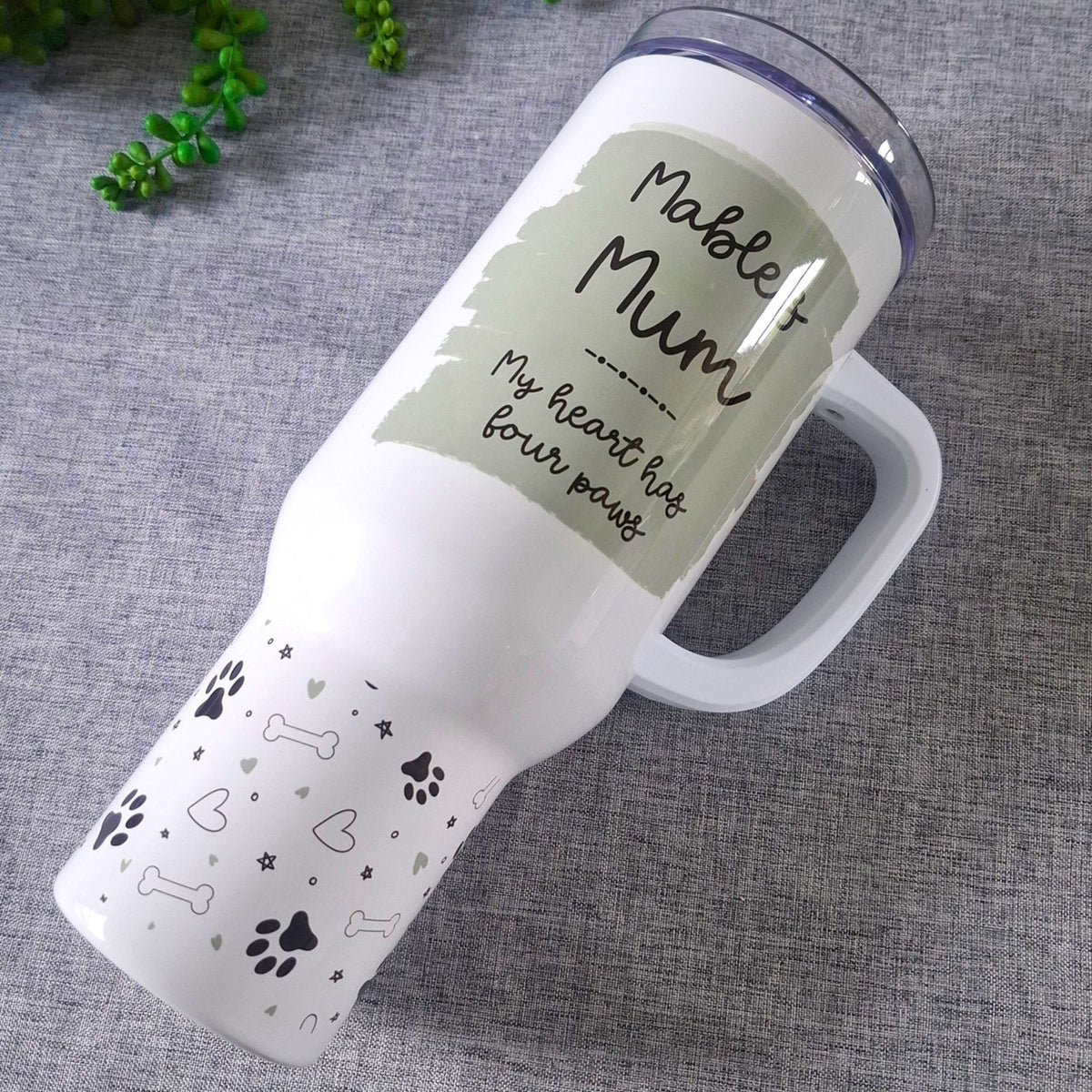 Personalised insulated travel mug printed with doodle paws design