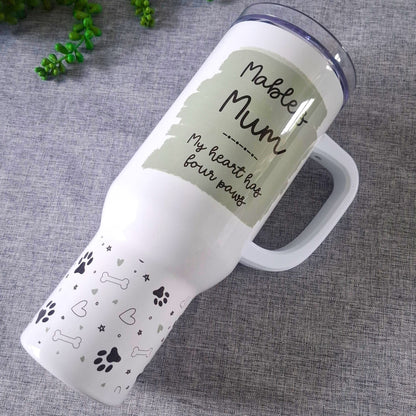 Personalised insulated travel mug printed with doodle paws design