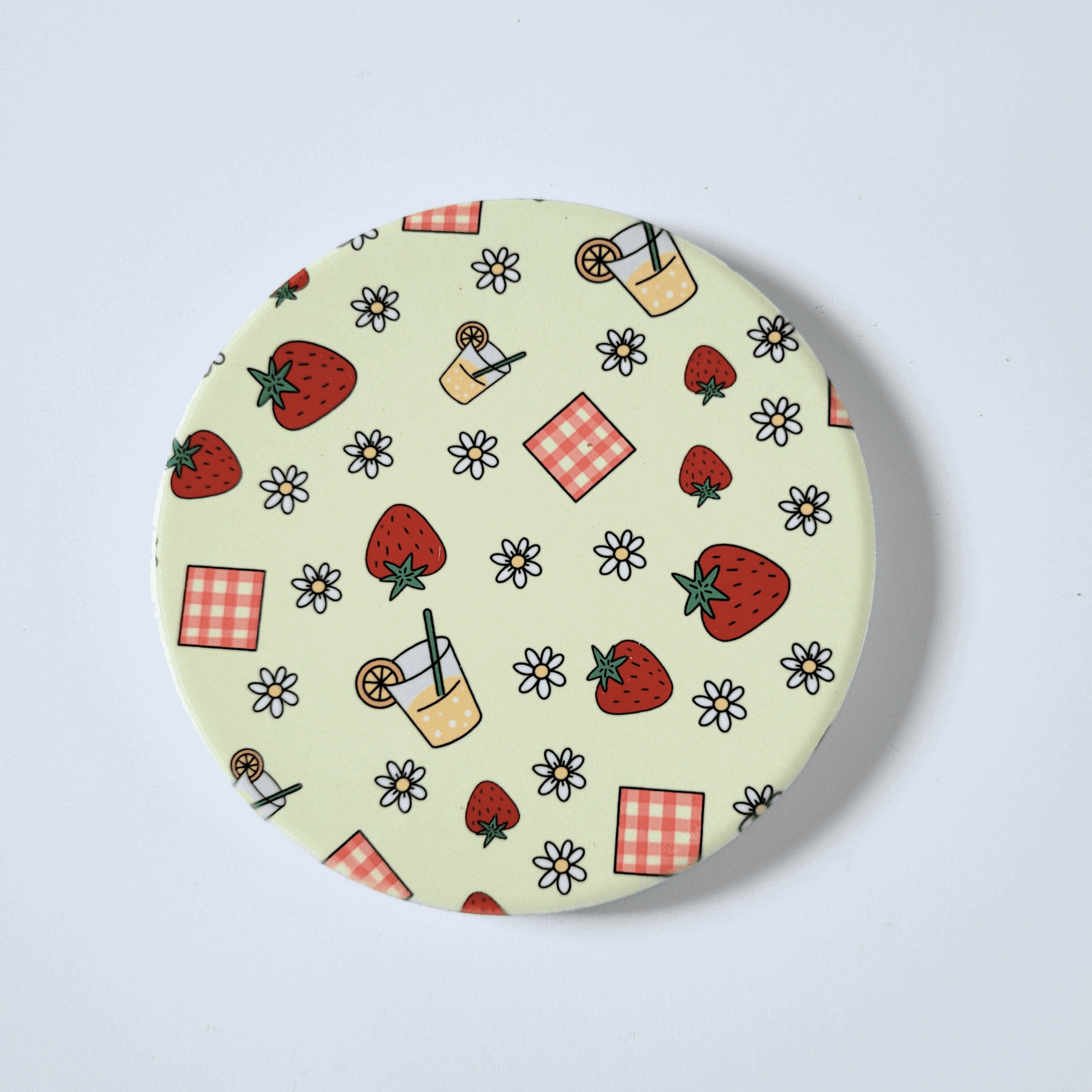 Picnic Coaster – Strawberry & Summer Drink Design – Round Ceramic with Cork Backing
