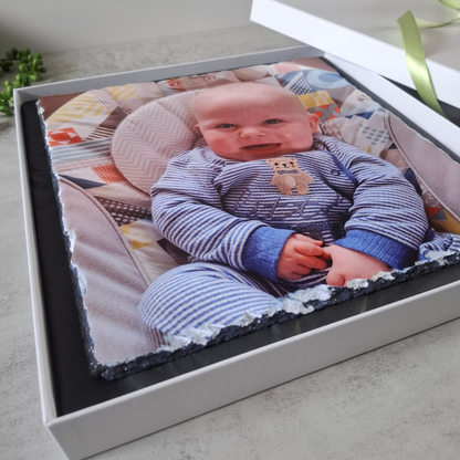 Personalised personalised photo slate in a gift box with ribbon