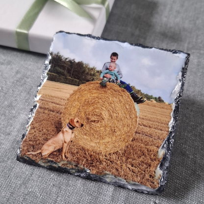 Personalized slate coaster with a photo and white gift box included