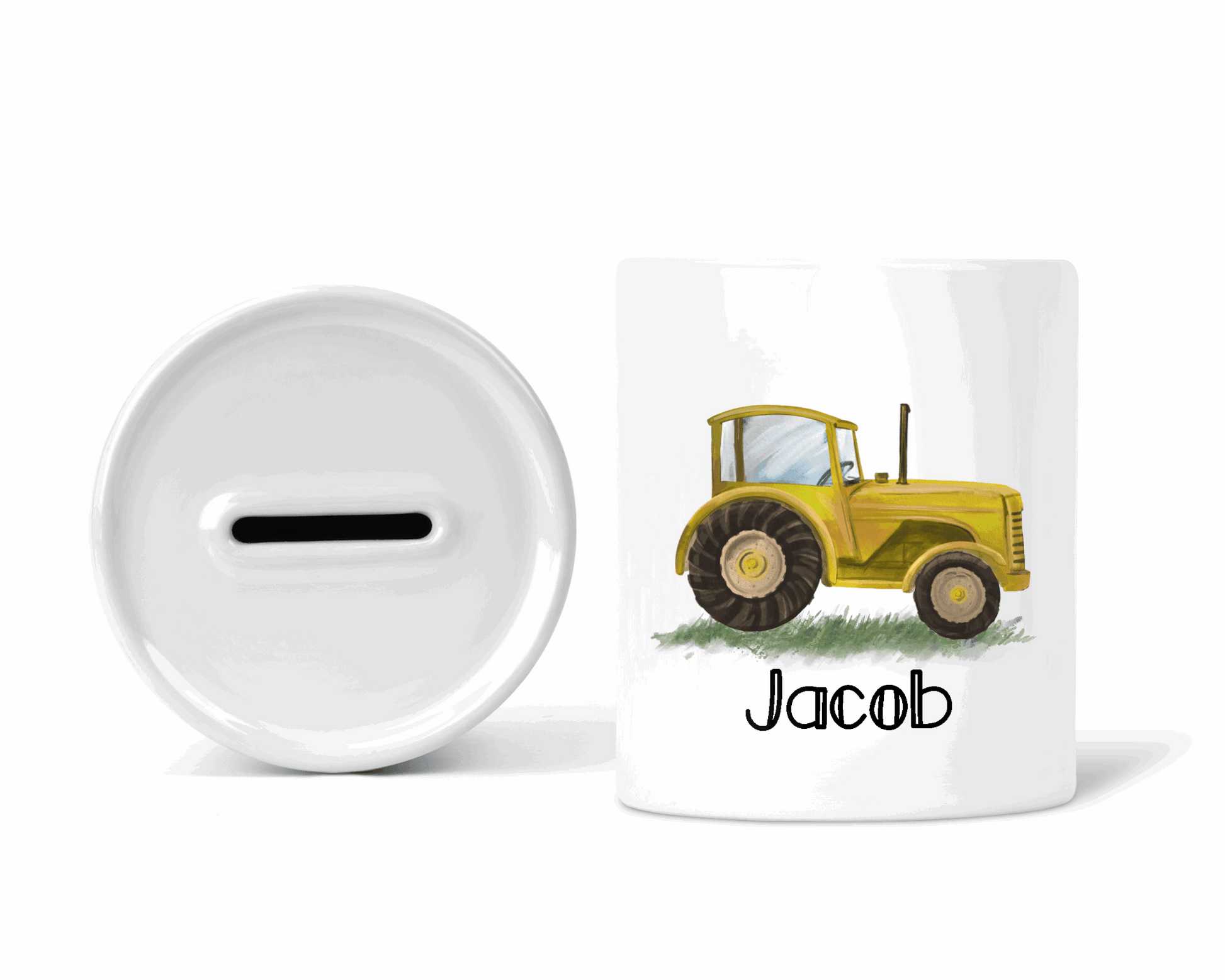 Yellow tractor personalised money box - Sew Tilley