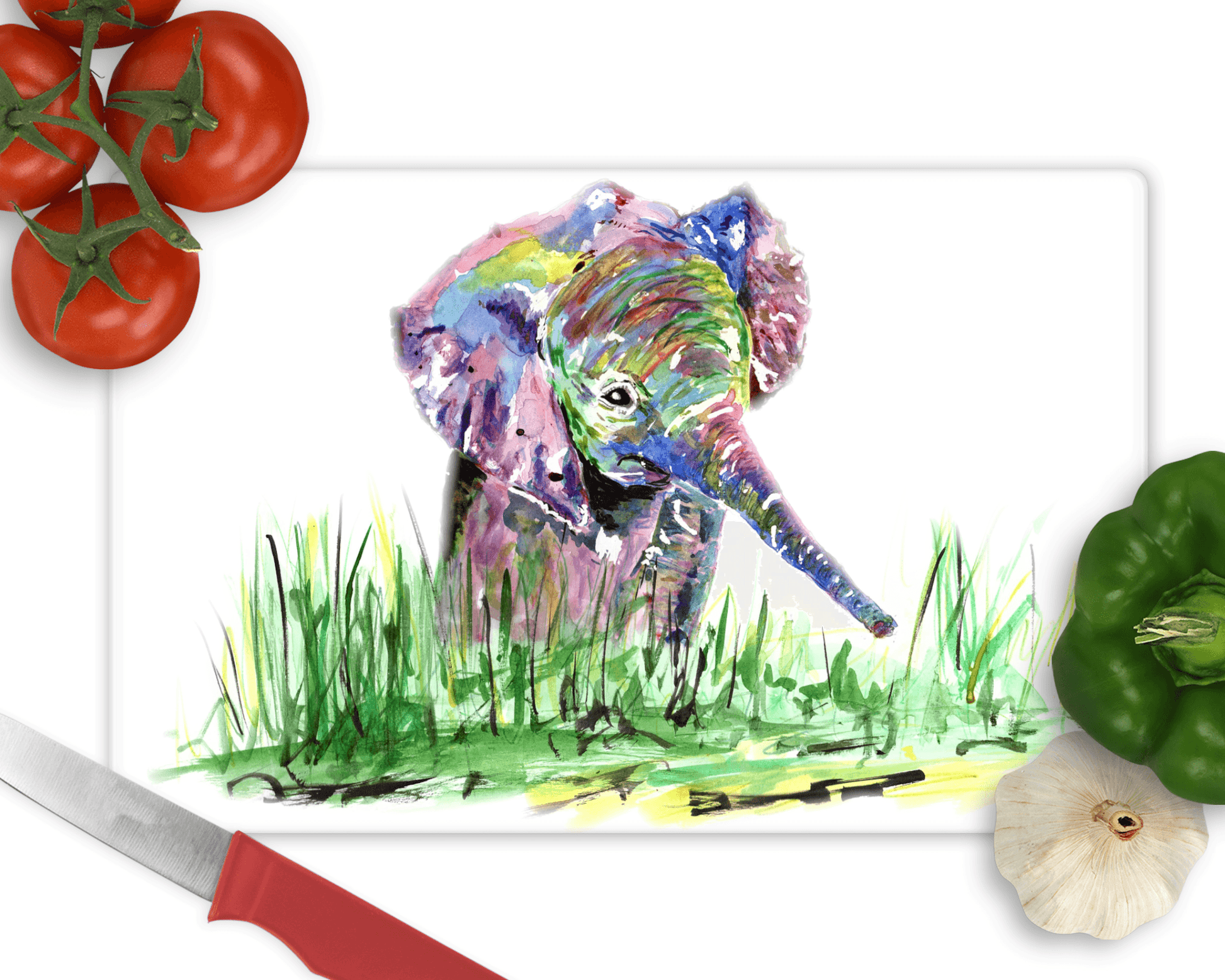 Watercolour elephant glass cutting board - Sew Tilley