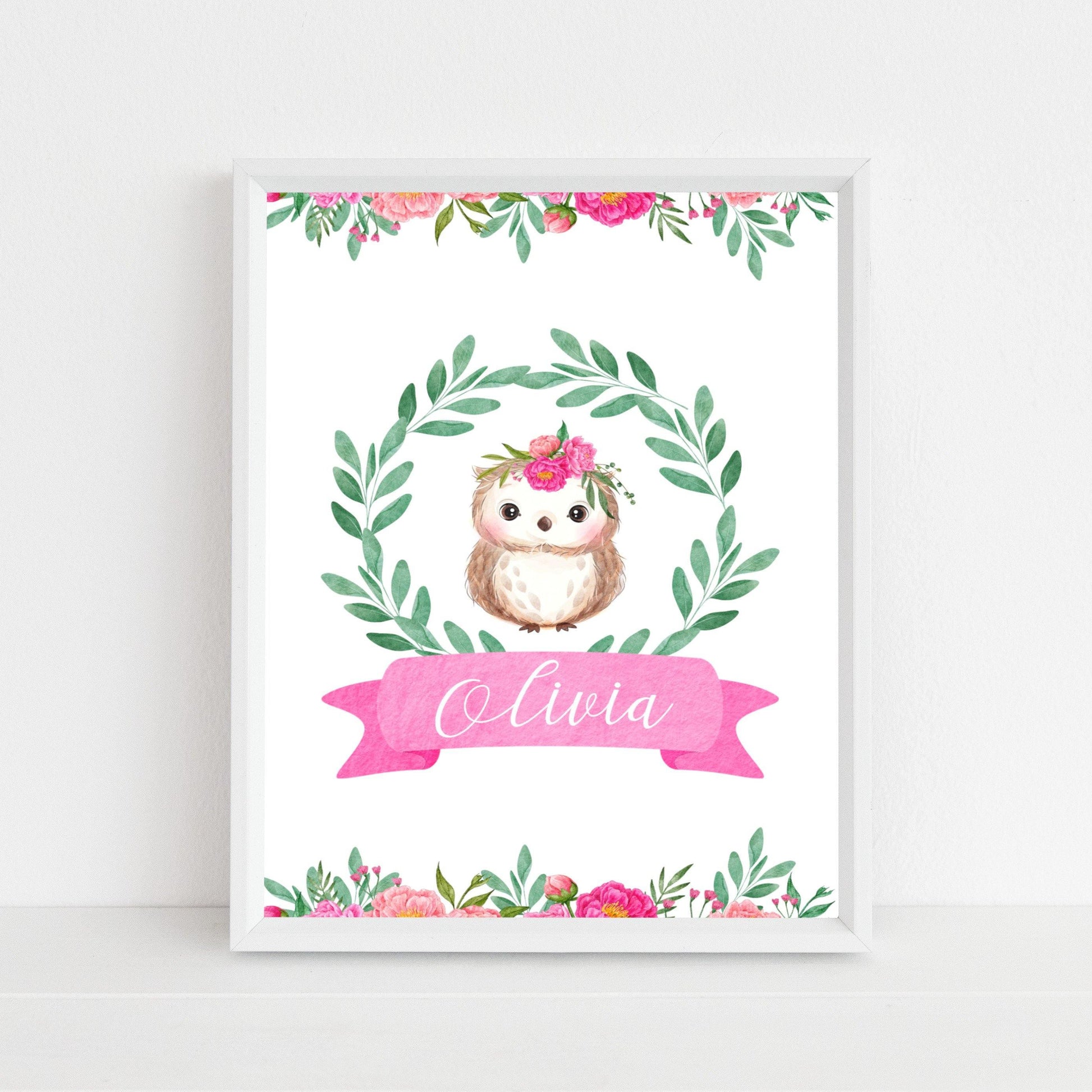 Pink woodland personalised print - owl - Sew Tilley