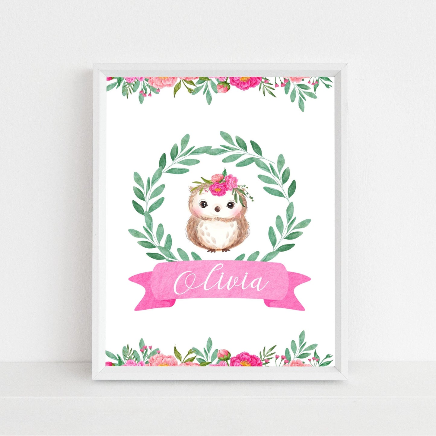 Pink woodland personalised print - owl - Sew Tilley